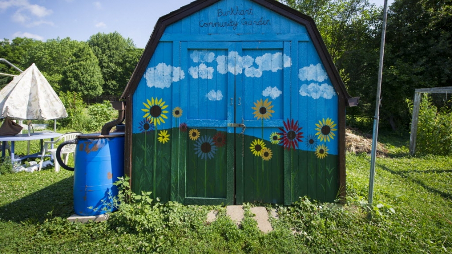 Outdoor barn and rain barrel